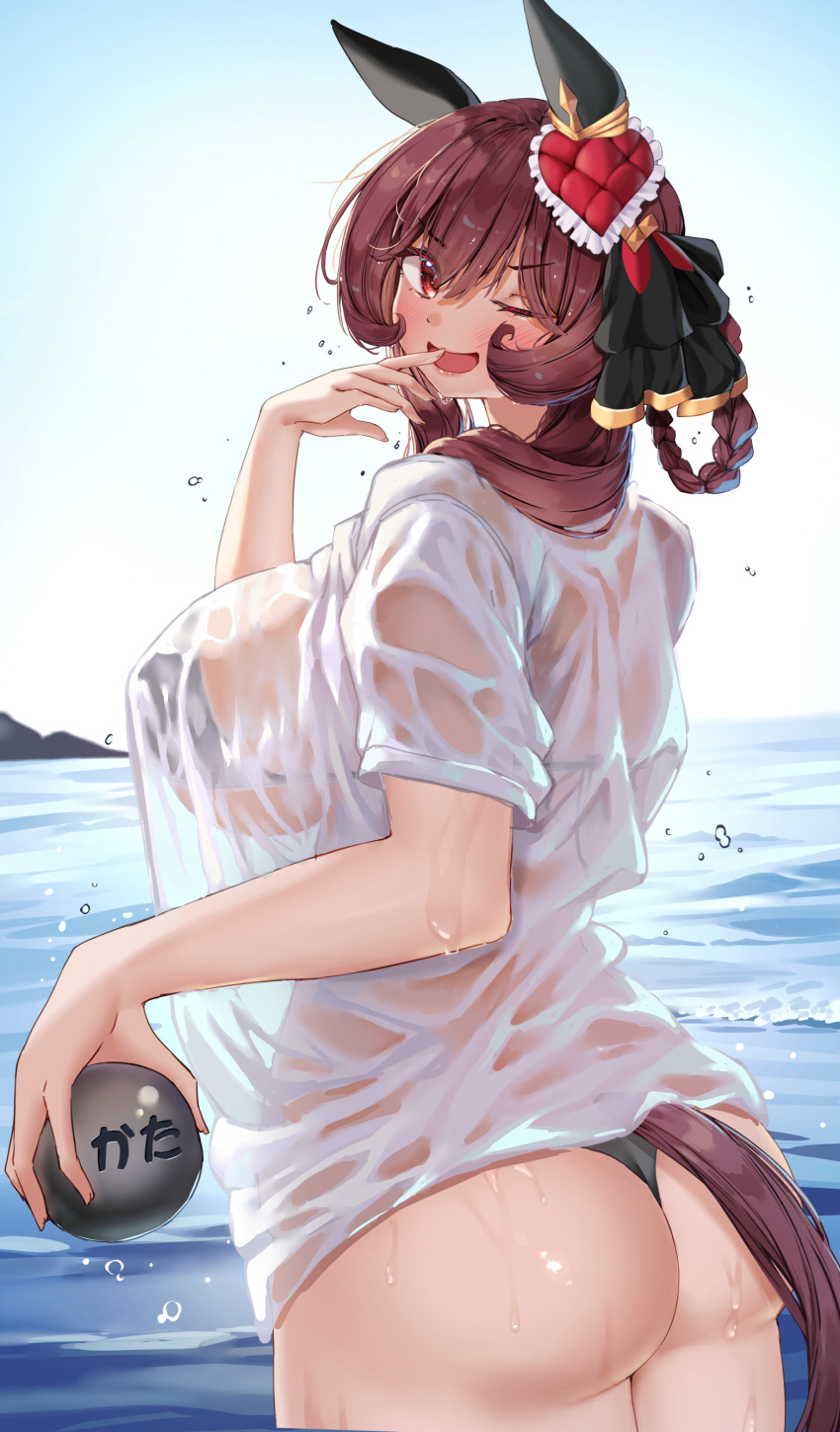 1girl ;d absurdres animal_ears ass ball bikini bikini_under_clothes black_bikini blue_sky braid braided_hair_rings breasts brown_hair commentary_request cowboy_shot day ear_covers ear_ornament from_behind gentildonna_(umamusume) hair_rings highres holding holding_ball horse_ears horse_girl horse_tail large_breasts long_hair looking_at_viewer looking_back ocean one_eye_closed open_mouth outdoors red_hair see-through_clothes shirt sky smile swimsuit tabunshake tail umamusume wet wet_clothes wet_shirt white_shirt