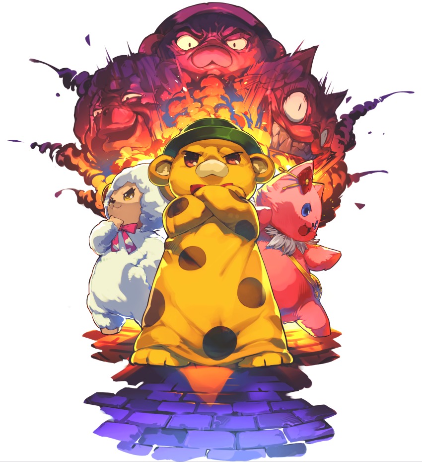 10s animal_costume clenched_teeth constricted_pupils crossed_arms explosion full_metal_panic! hat highres last_period moffle official_art sharp_teeth simple_background standing teeth transparent_background white_background