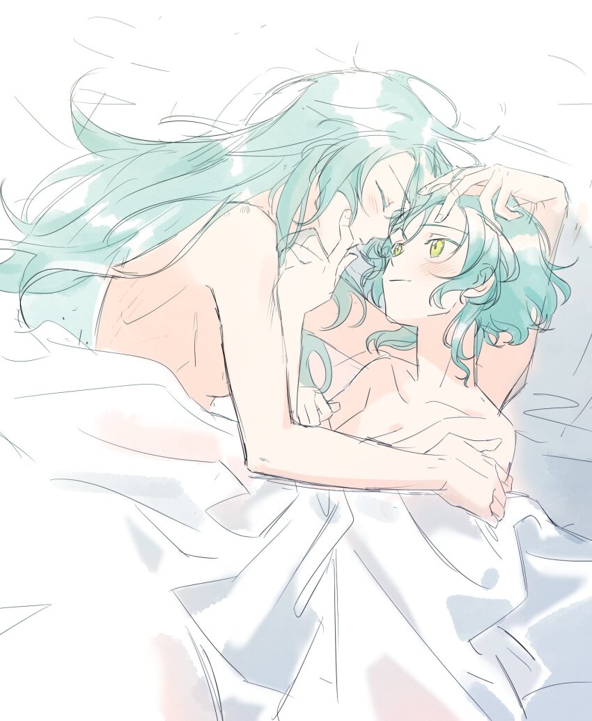 2girls aqua_hair bang_dream! bed blush highres hikawa_hina hikawa_sayo incest long_hair multiple_girls seza_(enlwnaos) short_hair siblings sisters twincest twins yuri