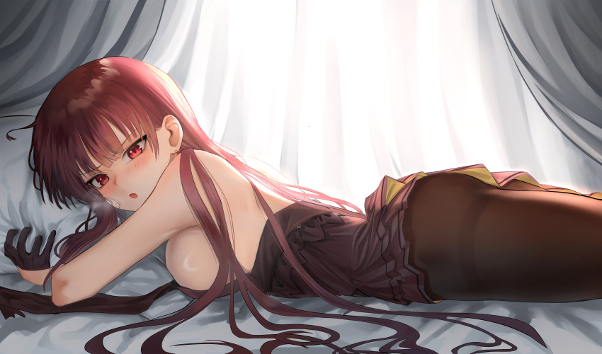 1girl absurdres bed black_dress black_gloves black_pantyhose blush breasts commentary curtains dress earrings evening_gown from_side girls&#039;_frontline girls&#039;_frontline_2:_exilium gloves half_gloves haoma heavy_breathing highres hugging_object indoors jewelry looking_at_viewer lying makiatto_(girls&#039;_frontline_2) on_bed on_stomach pantyhose pillow pillow_hug purple_hair red_eyes sideboob solo thighband_pantyhose v-shaped_eyebrows wa2000_(ballroom_interlude)_(girls&#039;_frontline) wa2000_(girls&#039;_frontline)