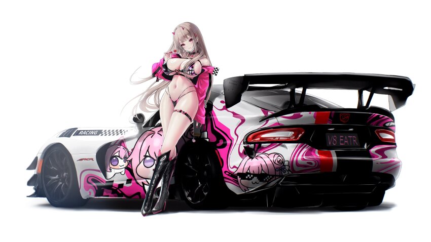 1girl alternate_costume bikini black_bikini black_boots boots breasts brown_hair candy car commentary doro_(nikke) english_commentary food goddess_of_victory:_nikke highres holding holding_candy holding_food holding_lollipop horns jacket large_breasts lollipop long_hair motor_vehicle navel pink_eyes pink_horns pink_jacket race_queen solo sports_car stomach swimsuit thigh_strap thighs uzzy2801 very_long_hair viper_(nikke)