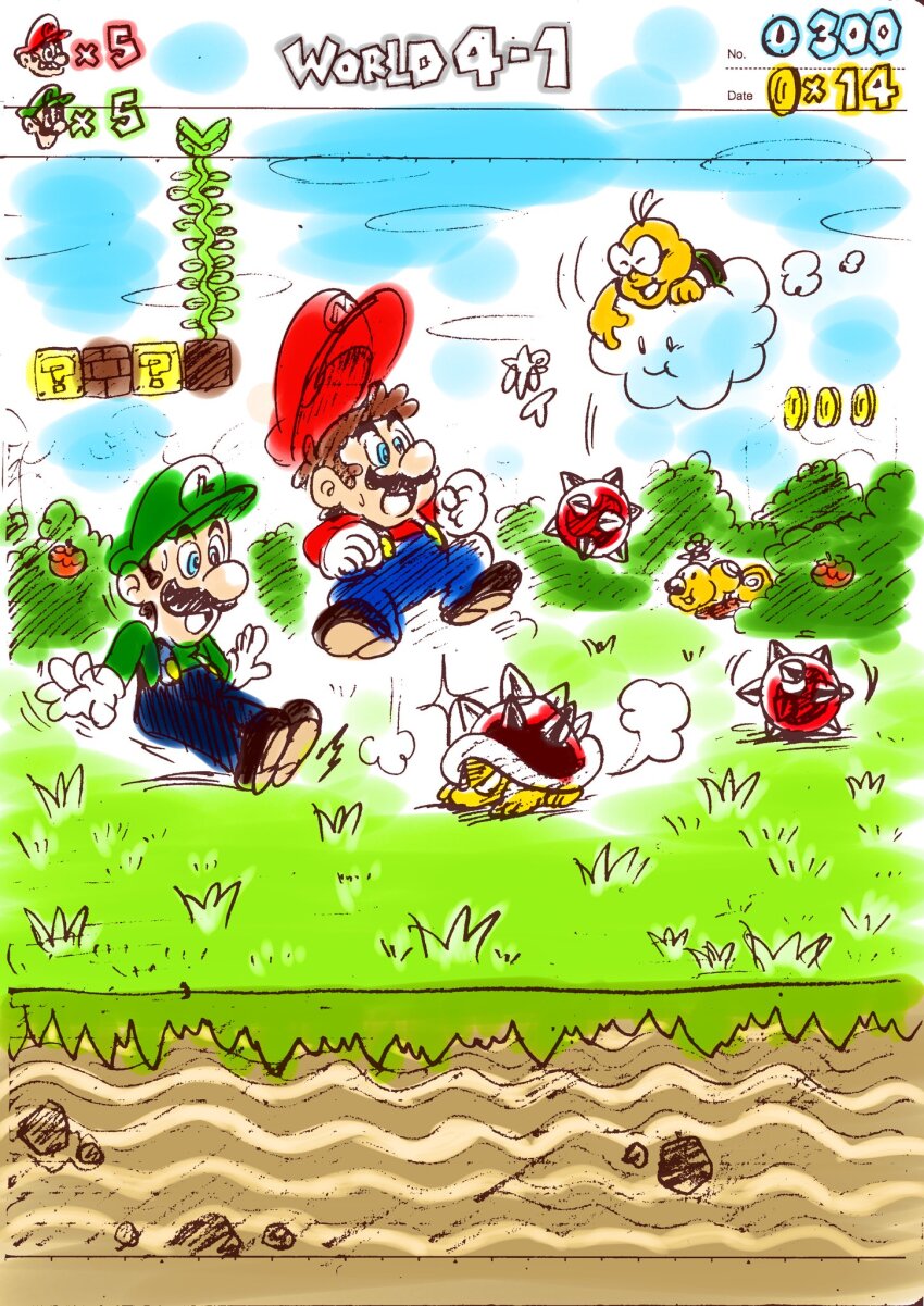?_block apple beanstalk block_(object) brick_block bush cloud coin food fruit gloves grass hat highres jumping lakitu lakitu&#039;s_cloud luigi mario mario_(series) nintendo overalls rukisan_1117 shirt shoes sky spiny spiny_egg super_mario_world surprised sweatdrop traditional_media vine_(mario) wiggler