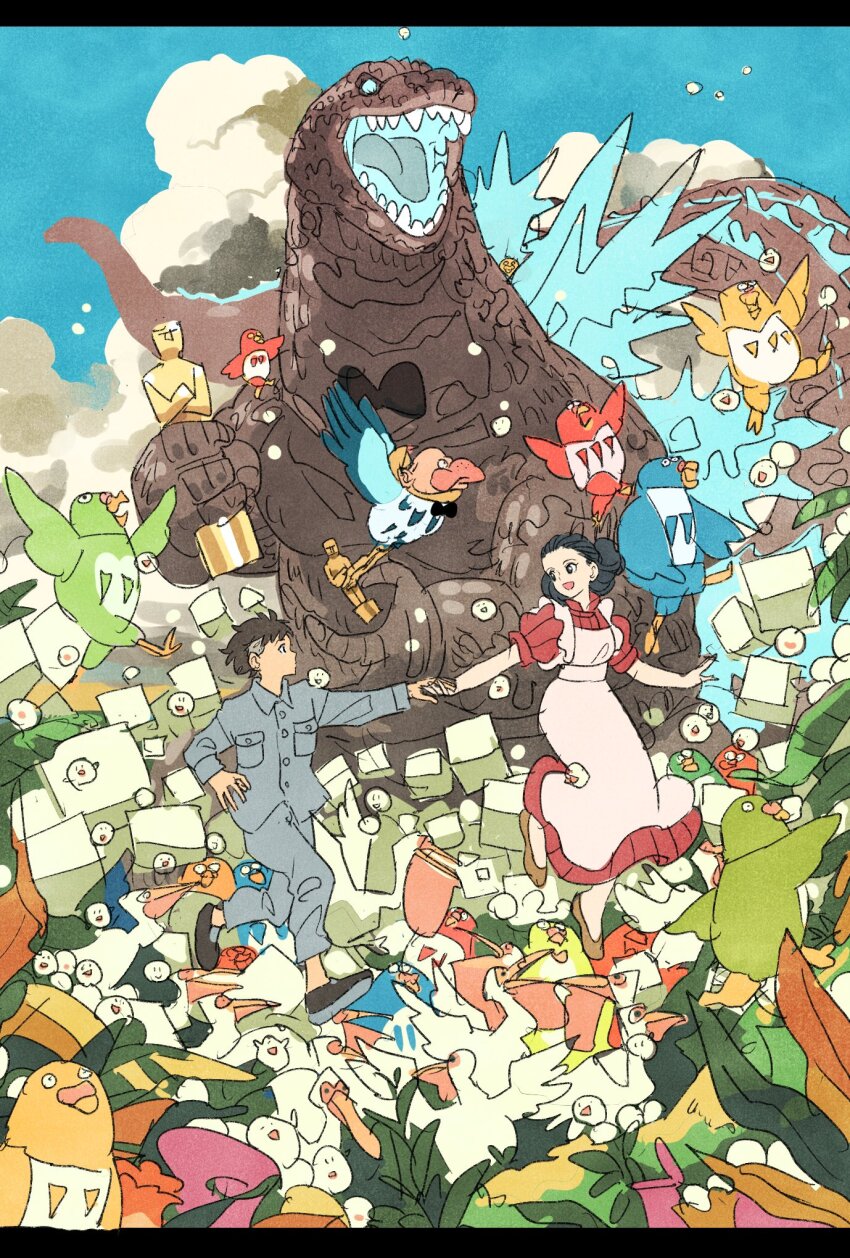 1girl 2024 2boys academy_award_of_merit the_academy_awards aosagi_(kimitachi_wa_dou_ikiru_ka) apron award bird black_hair blue_eyes bow bowtie company_connection congratulations crossover dinosaur dress giant giant_monster glowing glowing_eyes glowing_mouth glowing_spikes godzilla godzilla_(minus_one) godzilla_(series) godzilla_minus_one grey_pants grey_shirt highres himi_(kimitachi_wa_dou_ikiru_ka) holding_hands hollywood kaiju kimitachi_wa_dou_ikiru_ka maki_mahito monster multiple_boys pants red_dress shirt short_hair takeuchi_ryousuke the_academy_awards toho trait_connection trophy white_apron