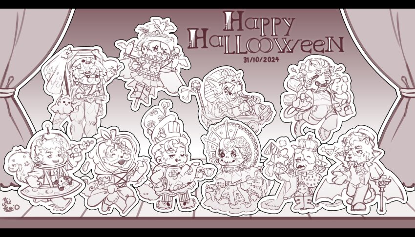 alien amarok_(monochrome_finale) blanc_macbelth_(monochrome_finale) calypso_(monochrome_finale) cosplay deimos_(monochrome_finale) frankenstein&#039;s_monster halloween_costume happy_halloween highres kie_(monochrome_finale) kiekoio la_catrina la_catrina_(cosplay) lahar_(monochrome_finale) mingri_(monochrome_finale) monochrome_finale mummy pax_(monochrome_finale) phobos_(monochrome_finale) ratatoskr_(monochrome_finale) scarecrow snow_white_(fairy_tale) stage vampire