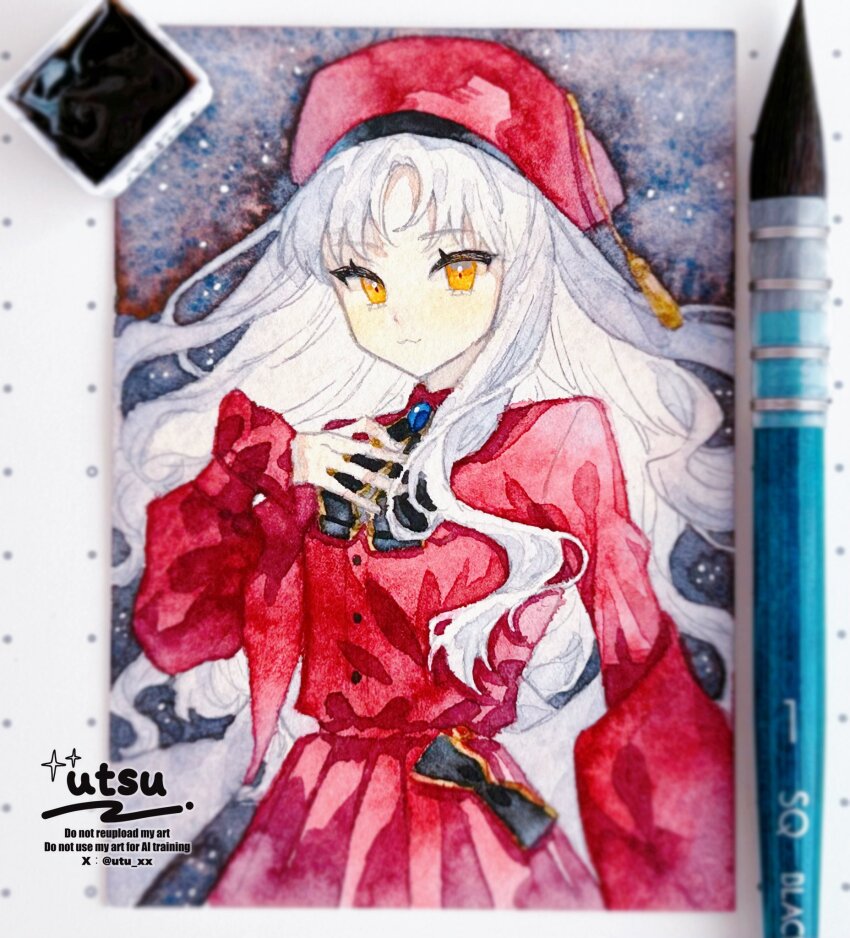 1girl :3 caren_hortensia caren_hortensia_(amor_caren) caren_hortensia_(amor_caren)_(second_ascension) fate/grand_order fate_(series) hat highres jacket long_hair looking_at_viewer painting_(medium) red_jacket red_skirt skirt smile solo traditional_media upper_body utsu_(utu_xx) watercolor_(medium) white_hair yellow_eyes