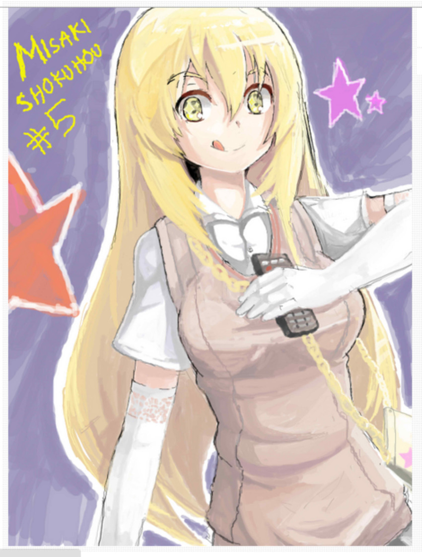 1girl :q absurdres bag blonde_hair border breasts brown_sweater brown_sweater_vest brown_vest chain character_name collared_shirt commentary controller elbow_gloves gloves gold_chain hair_between_eyes handbag highres holding holding_remote_control julioalqae large_breasts long_hair looking_at_viewer purple_background remote_control school_uniform shirt shokuhou_misaki short_sleeves sleeveless sleeveless_sweater smile solo sparkling_eyes spider_web_print star_(symbol) star_print summer_uniform sweater sweater_vest toaru_kagaku_no_railgun toaru_majutsu_no_index tokiwadai_school_uniform tongue tongue_out upper_body v-neck vest white_border white_gloves white_shirt yellow_eyes