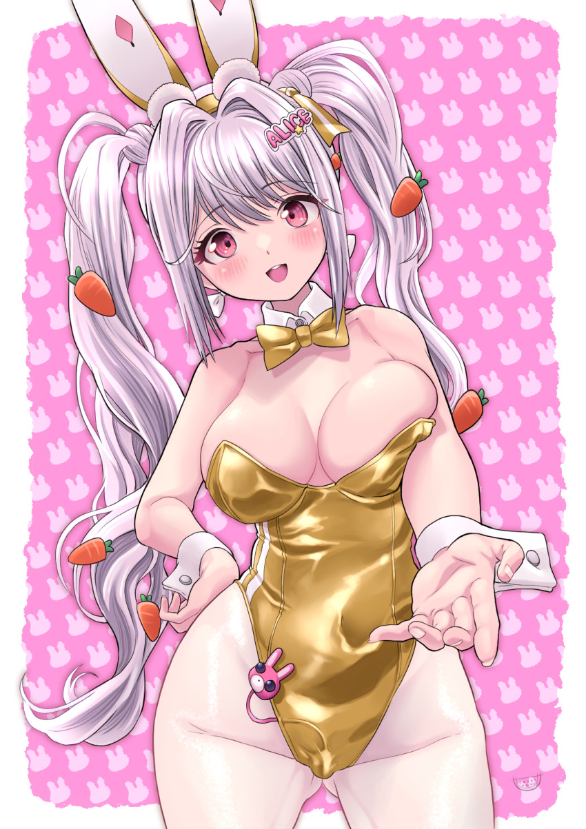 alice_(nikke) alice_(wonderland_bunny)_(nikke) alternate_color animal_ear_hairband animal_ears bow bowtie breasts carrot_hair_ornament cowboy_shot detached_collar fake_animal_ears food-themed_hair_ornament goddess_of_victory:_nikke gold_bowtie gold_leotard grey_background hair_ornament hairband highres large_breasts leotard long_hair name_tag_hair_ornament open_mouth pantyhose pink_background pink_eyes playboy_bunny rabbit_ears round_teeth sex_toy smile strapless strapless_leotard suika_blue teeth twintails upper_teeth_only vibrator white_pantyhose white_wrist_cuffs wrist_cuffs