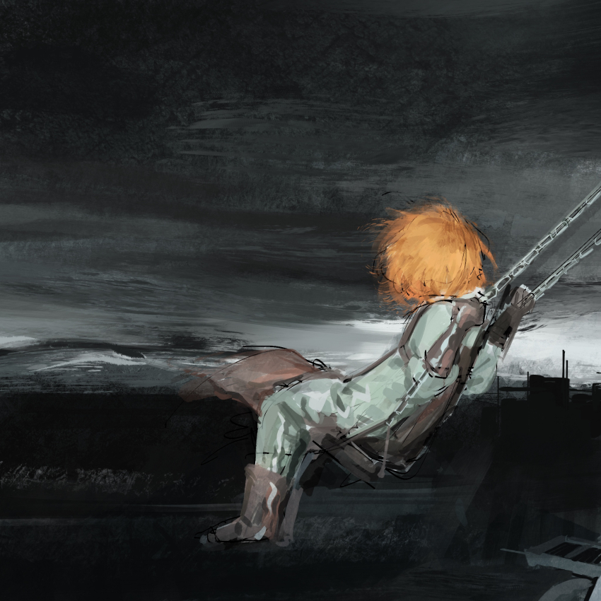 1girl apron brown_footwear brown_gloves cloud dark dark_clouds facing_away gloves grey_sky highres humian0101 ishmael_(project_moon) ishmael_(the_pequod)_(project_moon) limbus_company monochrome_background on_swing orange_hair overcast project_moon short_hair sky solo swing swinging swinging_on_swing
