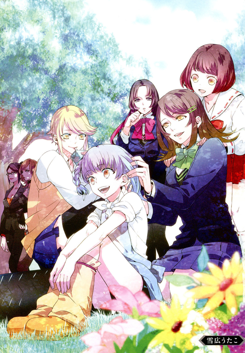 6+girls :d black_hair blonde_hair blue_skirt bow braid braiding_hair brown_eyes brown_hair drinking_straw drinking_straw_in_mouth flower gakuen_basara green_bow guest_art hair_ornament hairclip hairdressing hands_on_another&#039;s_shoulders highres itsuki_(sengoku_basara) kasuga_(sengoku_basara) long_hair looking_at_another matsu_(sengoku_basara) medium_hair multiple_girls non-web_source nouhime_(sengoku_basara) official_art oichi_(sengoku_basara) on_grass on_ground open_mouth pink_bow purple_hair red_bow red_shirt saika_magoichi_(sengoku_basara) sailor_collar school_uniform sengoku_basara shirt short_hair short_hair_with_long_locks sitting skirt smile sweater_vest tree tsuruhime_(sengoku_basara) white_sailor_collar white_shirt yellow_eyes yukihiro_utako