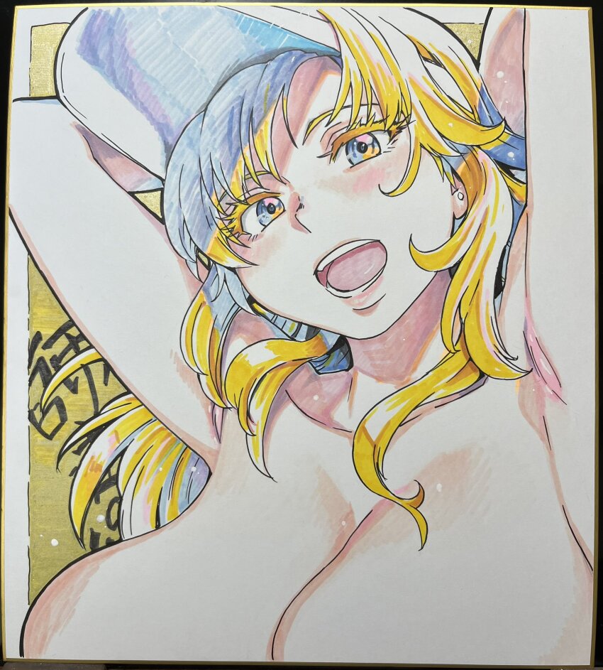 1girl arms_up blonde_hair blue_eyes blush breasts colorized commentary_request earrings hat highres huge_breasts jewelry long_hair nude nudist_beach_ni_shuugakuryokou_de!! open_mouth shaved_armpits shikishi shiwasu_no_okina signed solo sun_hat suomi-sensei tagme teacher traditional_media yellow_background