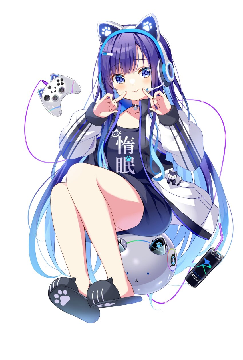 1girl absurdres alternate_costume alternate_hair_length alternate_hairstyle animal_ear_headphones animal_ears april_fools bell black_choker black_shirt black_skirt black_slippers blue_eyes blue_hair blunt_bangs blush brand_name_imitation can cat_ears choker clockwork_rabbit closed_mouth collarbone colored_eyelashes controller energy_drink fake_animal_ears finger_to_cheek fuiba_fuyu full_body game_controller gamepad gochuumon_wa_usagi_desu_ka? hair_ornament hairclip hand_up headphones highres index_fingers_raised jacket jingle_bell knees_up koi_(koisan) legs long_hair long_sleeves looking_at_viewer neck_bell no_socks official_art open_clothes open_jacket paw_print print_slippers shirt sidelocks simple_background skirt sleeves_past_wrists slippers smile solo straight_hair tsurime very_long_hair white_background white_jacket