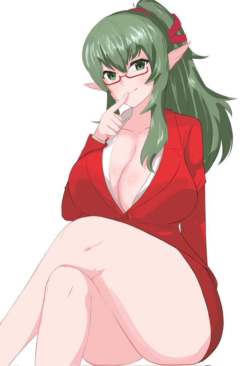 1girl arm_support breasts cleavage crossed_legs finger_to_mouth fire_emblem fire_emblem_awakening formal_clothes green_eyes green_hair highres huge_breasts looking_at_viewer nintendo office_lady orbiculare pointy_ears ponytail red-framed_eyewear red_suit shirt solo suit thick_thighs thighs tiki_(adult)_(fire_emblem) tiki_(fire_emblem) white_shirt