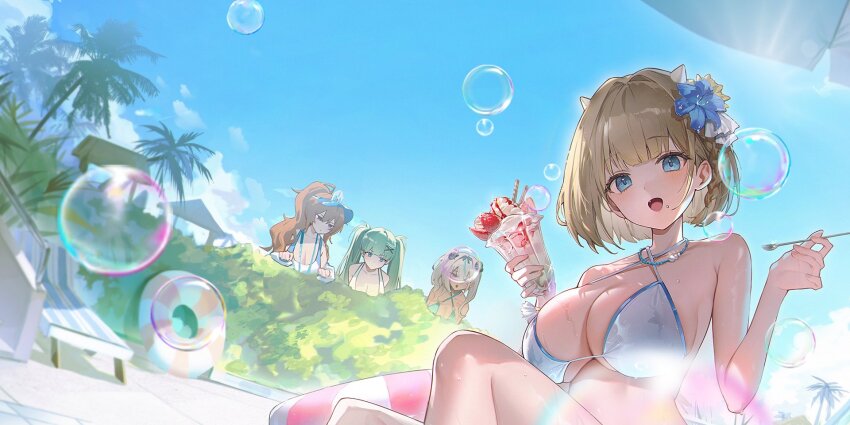 4girls bikini blonde_hair blue_eyes breasts brown_dust_(series) brown_dust_2 brown_hair bubble commentary commentary_request flower food green_eyes hair_flower hair_ornament highres holding holding_food holding_spoon ice_cream innertube jewelry justia_(brown_dust) large_breasts long_hair multicolored_hair multiple_girls nebris_(brown_dust_2) necklace official_art open_mouth short_hair spoon sundae swim_ring swimsuit twintails venaka_(brown_dust_2) wet white_bikini zenith_(brown_dust)