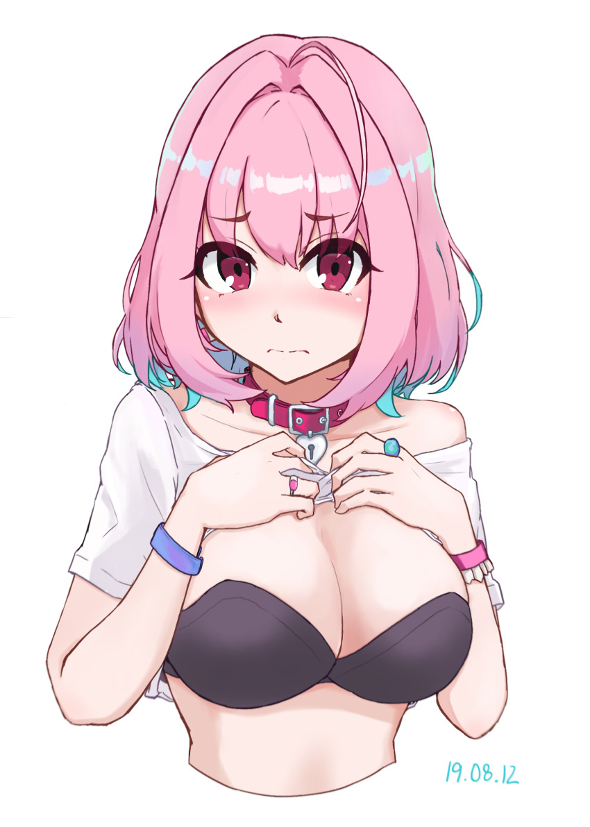 1girl ahoge aqua_hair bangle belt belt_collar black_bra blue_wrist_cuffs blush bra bracelet breasts calendarv choker cleavage closed_mouth clothes_lift collar collarbone colored_inner_hair commentary cropped_torso dated earrings fanged_bangs hair_intakes heart-shaped_lock heart_collar highres idolmaster idolmaster_cinderella_girls idolmaster_cinderella_girls_starlight_stage jewelry large_breasts lifting_own_clothes looking_at_viewer medium_hair multicolored_hair pill_earrings pill_ring pink_belt pink_choker pink_collar pink_eyes pink_hair pink_wrist_cuffs ring shirt shirt_lift short_sleeves simple_background single_bare_shoulder single_off_shoulder solo t-shirt two-tone_hair underwear white_background white_shirt wrist_cuffs yumemi_riamu