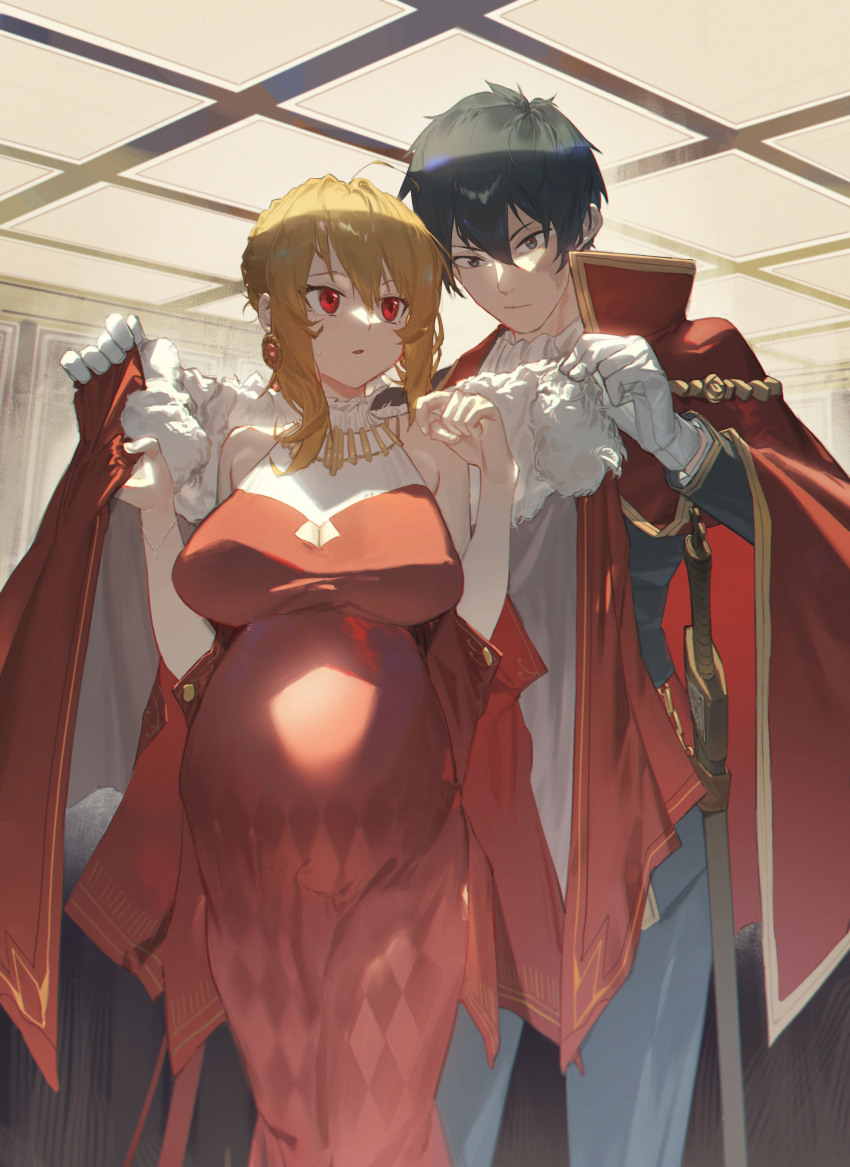 1boy 1girl absurdres angelica_rapha_redgrave big_belly black_eyes black_hair blonde_hair breasts burn_scar cape checkered_clothes checkered_dress cleavage commission covering_with_blanket covering_with_clothes danzir dress earrings feet_out_of_frame fur-trimmed_cape fur_trim gloves hands_up highres holding holding_unworn_cape holding_unworn_clothes indoors jewelry large_breasts leon_fou_bartfort looking_at_another looking_at_viewer looking_back otome_game_sekai_wa_mob_ni_kibishii_sekai_desu pixiv_commission pregnant red_cape red_dress red_eyes scabbard scar scar_on_face sheath sleeveless sleeveless_dress standing sword unworn_cape weapon white_gloves