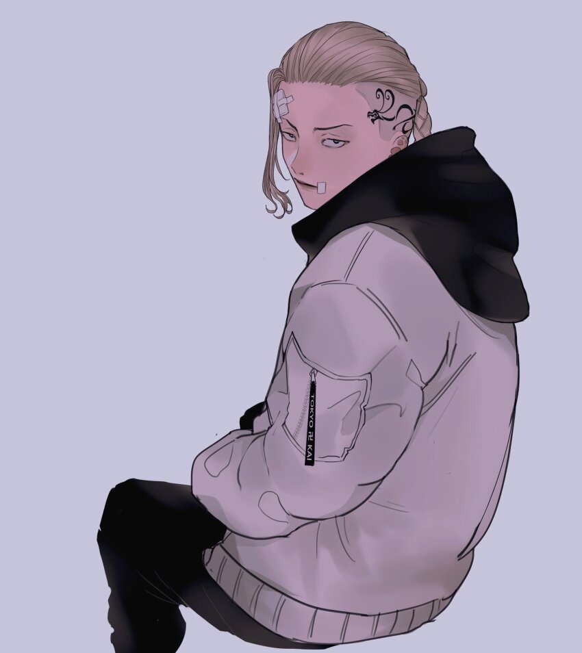 1boy black_eyes black_pants blonde_hair braid braided_ponytail closed_mouth commentary_request dragon_tattoo feet_out_of_frame from_side gauze gauze_on_forehead grey_background head_tattoo highres hood hood_down hooded_jacket invisible_chair jacket jitome long_hair long_sleeves looking_at_viewer looking_to_the_side male_focus mano_aaa pants ryuuguuji_ken simple_background single_braid sitting solo swastika tattoo tokyo_revengers white_jacket