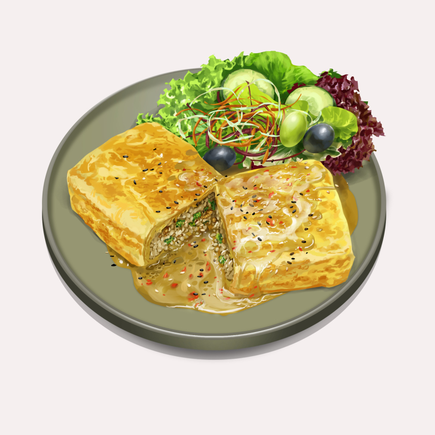 cucumber cucumber_slice food food_focus food_request highres lefty_lai lettuce no_humans original plate rice shadow simple_background still_life white_background