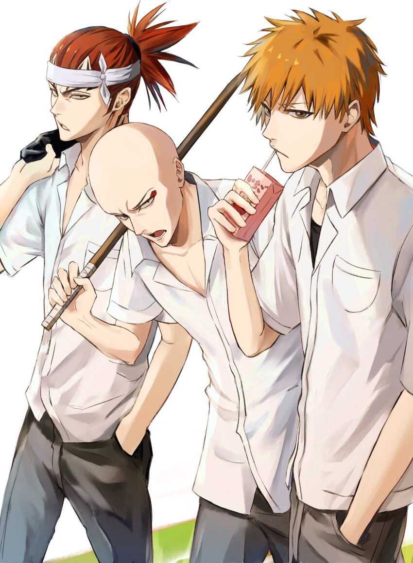 3boys abarai_renji bald black_jacket black_pants black_undershirt bleach bokken breast_pocket brown_hair collarbone collared_shirt cowboy_shot drinking eyeliner forehead_tattoo hand_in_pocket hand_up hashtag-only_commentary headband highres holding holding_weapon jacket jacket_over_shoulder juice_box karakura_high_school_uniform kurosaki_ichigo leaning_forward lower_teeth_only madarame_ikkaku makeup male_focus multiple_boys open_mouth orange_hair over_shoulder pants parted_lips pocket ponytail red_eyeliner red_hair school_uniform shirt short_hair shorts sideways_glance sword teeth three_quarter_view uno_0a untucked_shirt unworn_jacket very_short_hair weapon weapon_over_shoulder white_background white_headband white_shirt wooden_sword
