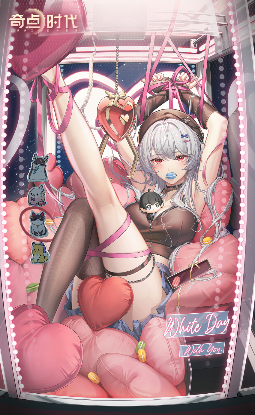 1girl absurdres armpits arms_up between_breasts black_arm_warmers black_camisole black_choker black_hat black_thighhighs blue_skirt blush bound bound_wrists breasts camisole character_doll choker convenient_censoring copyright_name crane_game crazy_ones cushion food food_in_mouth full_body hair_ornament hairclip hat heart heart_cushion highres holding holding_food in_crane_game large_breasts leg_up logo long_hair looking_at_viewer macaron marquee_lights midriff miniskirt mouth_hold official_art pink_ribbon protagonist_(crazy_ones) red_eyes ribbon single_thighhigh sitting skirt solo spaghetti_strap sticker thigh_strap thighhighs white_hair xia_bing_(crazy_ones) zipper