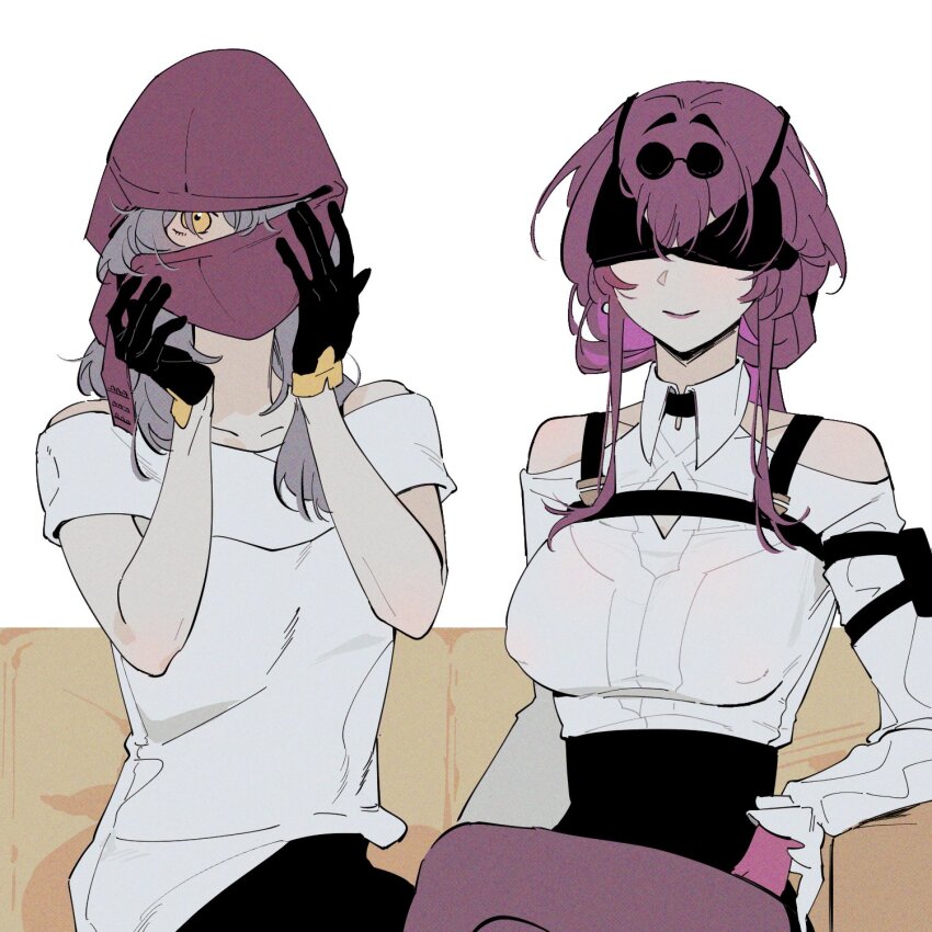 2girls black_bra black_gloves black_shorts bra bra_on_head breasts clothing_cutout collared_shirt commentary d0600059994959 english_commentary eyewear_on_head glasses gloves high-waist_shorts highres honkai:_star_rail honkai_(series) kafka_(honkai:_star_rail) large_breasts long_sleeves multiple_girls object_on_head pantyhose pince-nez purple_bra purple_gloves purple_pantyhose shirt shirt_tucked_in shorts shoulder_cutout sitting smile stelle_(honkai:_star_rail) sunglasses trailblazer_(honkai:_star_rail) underwear white_shirt yellow_eyes yuri