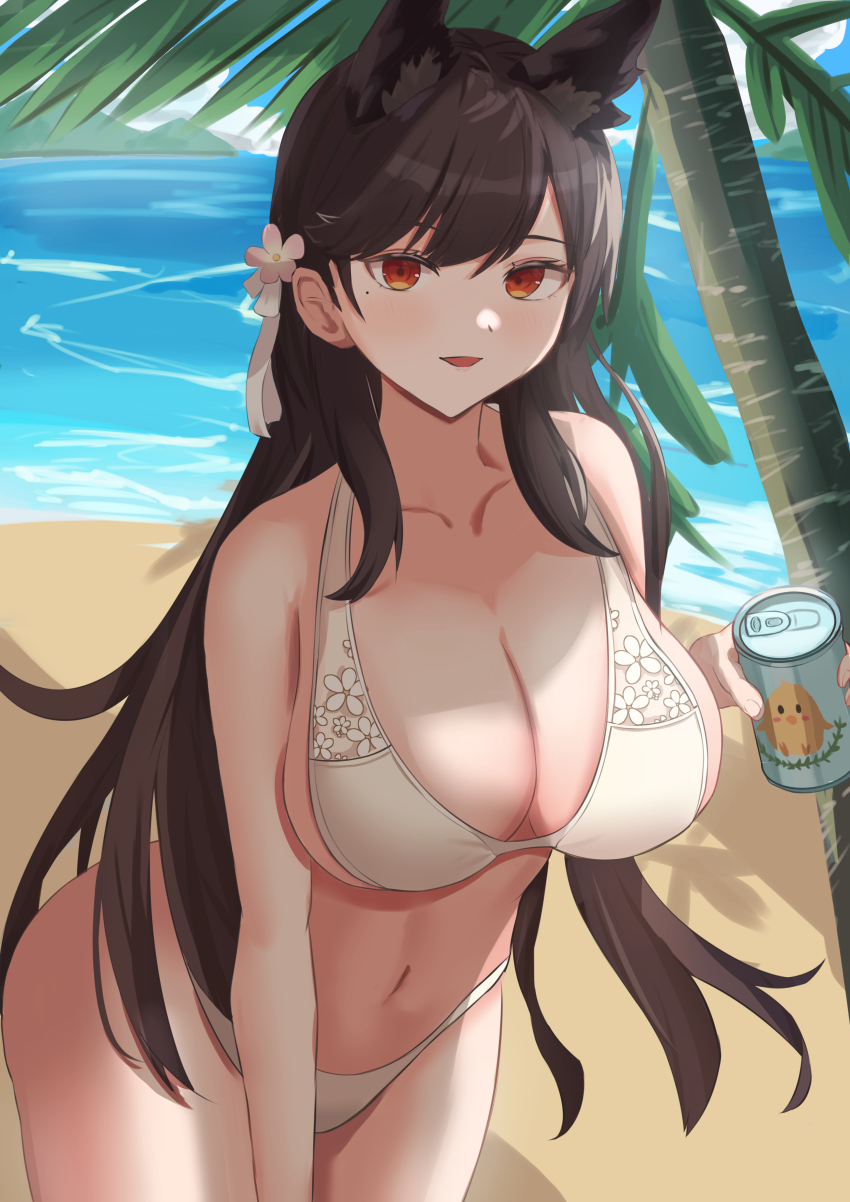1girl absurdres atago_(azur_lane) atago_(summer_march)_(azur_lane) azur_lane beach bikini breasts brown_hair can day drink_can extra_ears highres holding holding_can large_breasts leaning_forward long_hair manjuu_(azur_lane) mole mole_under_eye official_alternate_costume orange_eyes outdoors palm_tree remapack77 ribbon sand soda_can solo summer swimsuit tree very_long_hair water white_bikini white_ribbon
