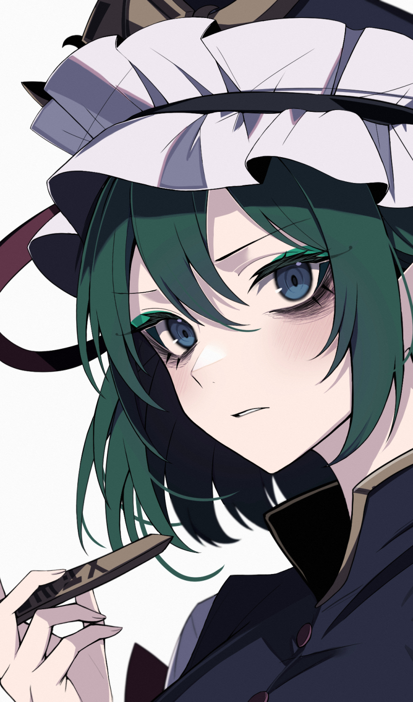 1girl asymmetrical_sidelocks black_eyeliner blue_eyes blue_vest eyeliner eyeshadow frilled_hat frills green_eyeshadow green_hair hat highres looking_at_viewer makeup red_ribbon ribbon rod_of_remorse shiki_eiki short_hair simple_background slra solo touhou v-shaped_eyebrows vest white_background