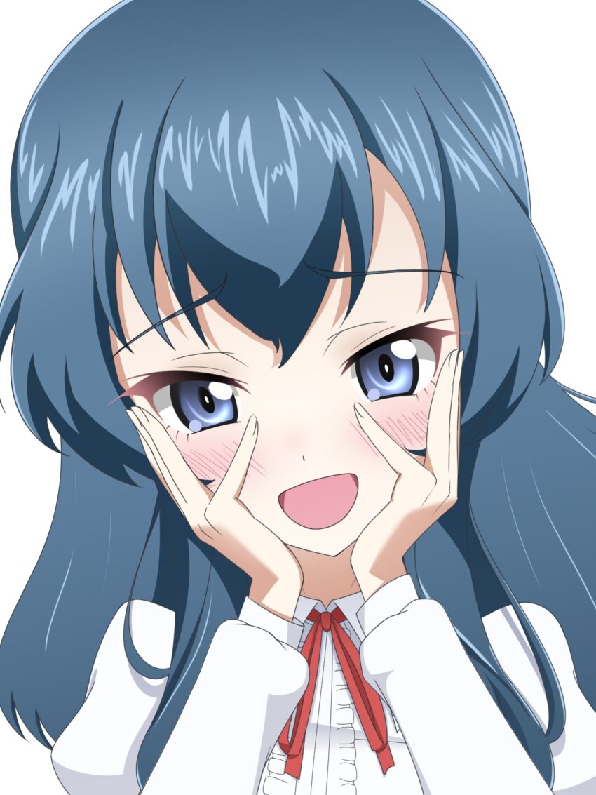 1girl artist_request blue_eyes blue_hair blush collared_shirt eclair_(girls_und_panzer) frilled_shirt frills girls_und_panzer girls_und_panzer_gekitou!_maginot-sen_desu!! hands_under_chin highres juliet_sleeves long_hair long_sleeves maginot_school_uniform open_mouth puffy_sleeves red_ribbon ribbon school_uniform shirt smile white_shirt