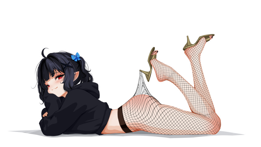 1girl ahoge ass black_hair black_nails blue_bow blush body_blush bow chin_reast fang fishnet_pantyhose fishnets gold_shoes hair_bow hair_ornament heart heart-shaped_pupils high_heels highres indie_virtual_youtuber lace_pantyhose_hooked_on_heel_(meme) legs long_sleeves looking_at_viewer lying meme midriff mint_fantome on_stomach pantyhose pointy_ears red_eyes sansha_art shoes sidelocks simple_background solo sweater symbol-shaped_pupils thighs toes two_side_up virtual_youtuber white_background x_hair_ornament