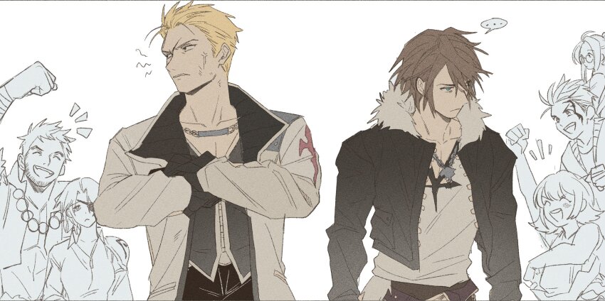&gt;:) ... 3girls 4boys annoyed arm_up armor bare_pectorals belt black_gloves black_jacket black_pants blonde_hair blue_eyes brown_hair chain chain_necklace cheering clenched_hand clenched_teeth closed_eyes coat crossed_arms eyepatch facial_hair facial_tattoo final_fantasy final_fantasy_viii frown fur-trimmed_jacket fur_trim furrowed_brow fuujin_(ff8) garbage_paper gloves grey_vest hair_slicked_back happy highres jacket jewelry long_sleeves looking_at_another looking_to_the_side multiple_belts multiple_boys multiple_girls necklace open_clothes open_jacket open_mouth pants partially_colored pauldrons pectorals quistis_trepe raijin_(ff8) round_eyewear scar scar_on_face seifer_almasy selphie_tilmitt shirt short_hair shoulder_armor simple_background single_pauldron smile speech_bubble spiked_hair squall_leonhart tattoo teeth toned toned_male upper_body v-neck v-shaped_eyebrows very_short_hair vest white_background white_coat white_jacket white_shirt zell_dincht