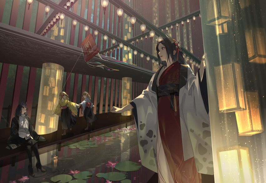 1boy 3girls absurdres animal_print architecture black_footwear black_hair black_hakama black_sash blonde_hair boots brown_footwear chinese_zodiac commentary_request cow_print crossed_legs east_asian_architecture eye_contact floral_print flower green_eyes hair_flower hair_ornament hakama hakama_skirt hand_up haori high_heel_boots high_heels highres holding holding_hands holding_kite horns huge_filesize japanese_clothes kimono kite lantern lily_pad long_hair long_sleeves looking_afar looking_at_another looking_away looking_up multicolored_kimono multiple_girls new_year night nose obi oekaki_taro original paper_lantern parted_lips pink_flower print_kimono red_kimono red_sash reflection ribbon sash shirt sitting skirt standing thigh_boots thighhighs translation_request two-tone_kimono walking water white_kimono white_neckwear white_shirt wide_shot wide_sleeves year_of_the_ox yellow_kimono