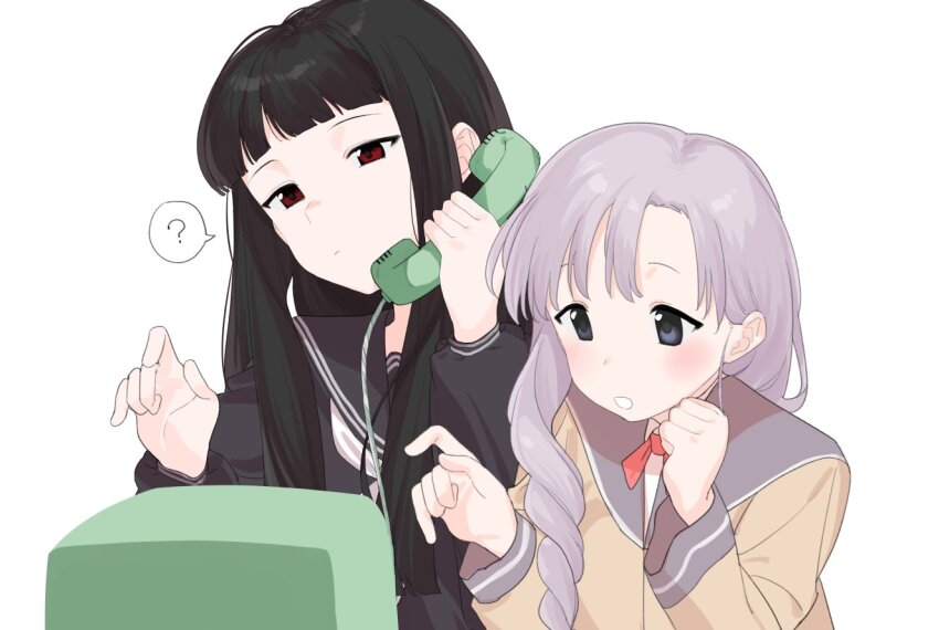 2girls ? atlach-nacha black_eyes black_hair black_sailor_collar black_shirt blunt_bangs blush braid brown_cardigan cardigan clenched_hand closed_mouth commentary_request confused hair_over_shoulder half-closed_eyes hands_up head_tilt hirasaka_hatsune holding holding_phone index_finger_raised long_hair long_sleeves miyama_kanako multiple_girls neck_ribbon neckerchief open_mouth payphone phone purple_hair receiver red_eyes red_ribbon ribbon sailor_collar school_uniform serafuku shikosour shirt simple_background single_braid smile spoken_question_mark teaching upper_body white_background white_neckerchief
