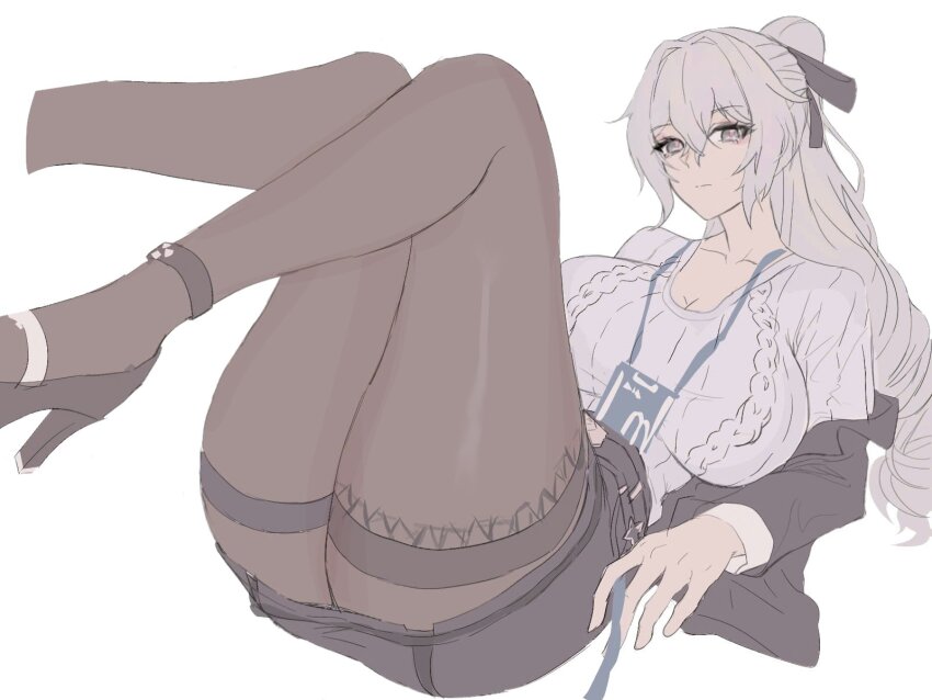1girl black_high_heels black_skirt breasts bronya_zaychik bronya_zaychik_(outstanding_attitude) bronya_zaychik_(silverwing:_n-ex) commentary_request gnarlypzofbread grey_eyes grey_hair grey_sweater hair_ribbon high_heels highres honkai_(series) honkai_impact_3rd large_breasts long_hair long_sleeves looking_at_viewer off_shoulder pantyhose pencil_skirt ribbed_sweater ribbon simple_background skirt solo sweater thick_thighs thighband_pantyhose thighs very_long_hair white_background