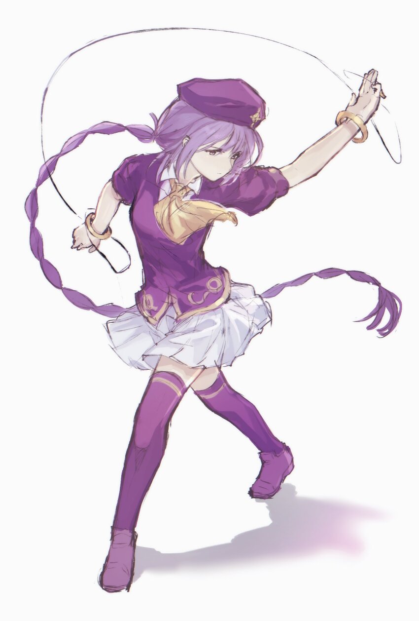 1girl ascot beret bracelet braid collared_shirt commentary hashtag-only_commentary hat highres jewelry long_hair melty_blood miniskirt pleated_skirt purple_eyes purple_hair purple_shirt purple_shoes purple_thighhighs shadow shirt shoes short_sleeves single_braid sion_eltnam_(type-moon) sion_eltnam_atlasia skirt solo tara3763 thighhighs tsukihime very_long_hair white_background white_shirt white_skirt yellow_ascot