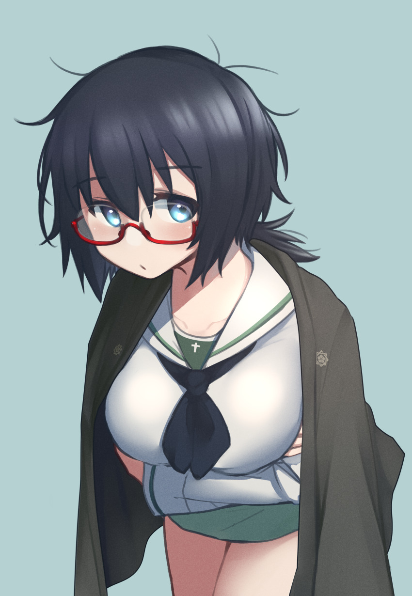 1girl absurdres black_eyes black_hair black_haori black_neckerchief blouse blue_background blush breast_hold breasts closed_mouth commentary cowboy_shot girls_und_panzer glasses green_skirt haori highres japanese_clothes large_breasts leaning_forward light_frown long_sleeves looking_at_viewer m1saki_1 medium_hair messy_hair miniskirt neckerchief ooarai_school_uniform oryou_(girls_und_panzer) pleated_skirt ponytail red-framed_eyewear sailor_collar sakamoto_clan_(emblem) school_uniform semi-rimless_eyewear serafuku shirt short_ponytail simple_background skirt solo standing under-rim_eyewear white_sailor_collar white_shirt