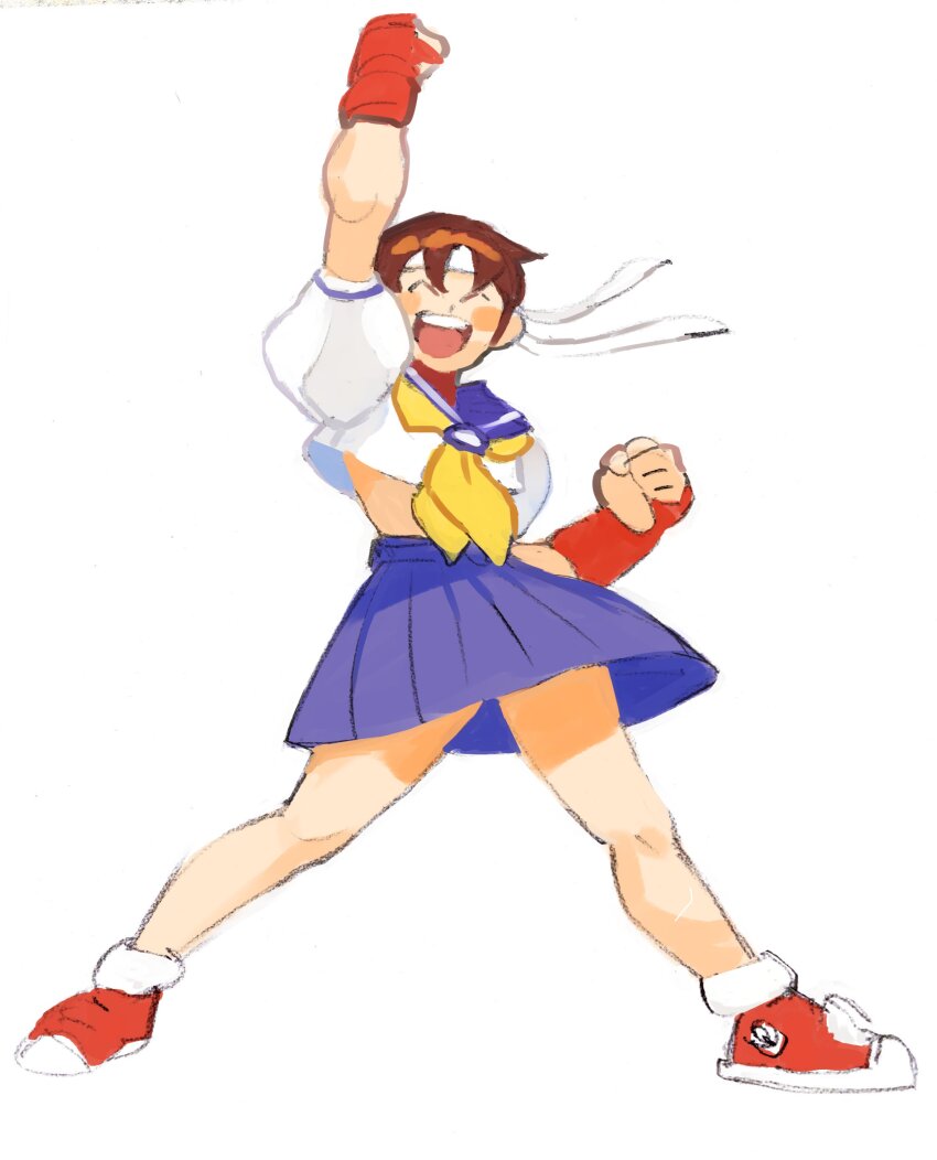 1girl :d ^_^ absurdres arm_up blue_sailor_collar blue_skirt brown_hair clenched_hands closed_eyes closed_mouth crop_top cropped_shirt full_body gan2 headband highres kasugano_sakura legs_apart miniskirt neckerchief open_mouth pleated_skirt puffy_short_sleeves puffy_sleeves red_shoes sailor_collar school_uniform serafuku shirt shoes short_hair short_sleeves simple_background skirt smile solo standing street_fighter street_fighter_zero_(series) teeth upper_teeth_only white_background white_headband white_shirt yellow_neckerchief