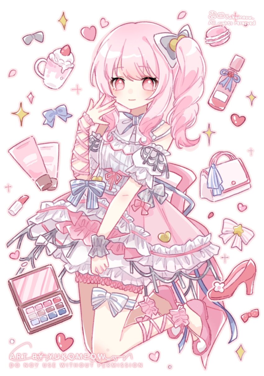 1other \||/ akiyama_mizuki anklet arm_ribbon artist_name back_ribbon bag black_bow blue_ribbon bottle bow closed_mouth commentary copyright_notice cosmetics cup detached_sleeves dress dress_ribbon feet_up food frilled_anklet frilled_dress frilled_sleeves frilled_wrist_cuffs frills fruit full_body grey_ribbon hair_between_eyes hair_ribbon hand_up handbag heart high_heels high_side_ponytail highres jewelry leg_ribbon lipstick_tube long_hair low_block_heels macaron makeup_palette mug neck_ribbon net official_alternate_costume outline perfume_bottle petticoat pink_dress pink_eyes pink_hair pink_outline pink_ribbon pink_shoes pink_theme polka_dot polka_dot_bow project_sekai ribbon secret_distance_(project_sekai) shoes sidelocks skirt sleeveless sleeveless_dress smile solo sparkle star_(symbol) strawberry striped_ribbon suspender_skirt suspenders swept_bangs thigh_ribbon three_quarter_view two-tone_dress white_background white_dress white_ribbon wrist_cuffs yukomeow