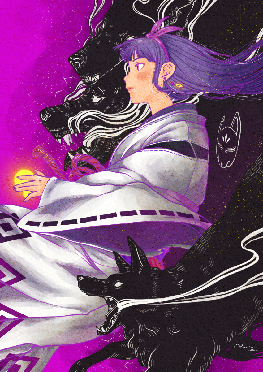 1girl absurdres ayanokouji_kanna closed_mouth earrings floating_hair fox from_side frown hairband highres japanese_clothes jewelry long_hair long_sleeves maplestory oliver_wei purple_eyes purple_hair purple_hairband solo wide_sleeves