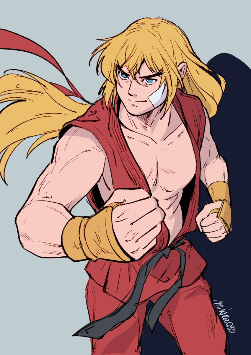1boy bare_pectorals bare_shoulders blonde_hair blue_eyes closed_mouth collarbone commentary dougi english_commentary fingerless_gloves forked_eyebrows gauze gauze_on_cheek gloves grey_background highres ken_masters long_hair looking_ahead male_focus mista0930 pants pectorals red_dougi red_pants sleeveless smile solo street_fighter street_fighter_zero_(series) very_long_hair yellow_gloves