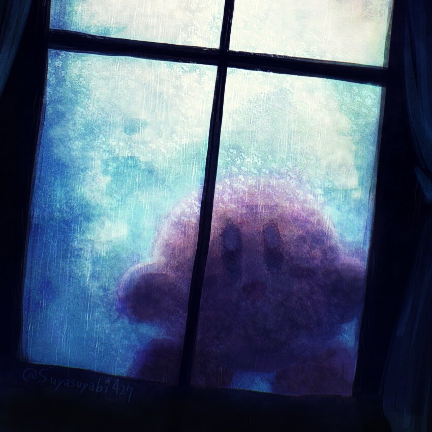 against_glass artist_name black_eyes blush_stickers condensation dark dutch_angle hand_on_glass highres indoors kirby kirby_(series) looking_at_viewer nintendo no_humans open_mouth smile solo standing suyasuyabi twitter_username window window_fog
