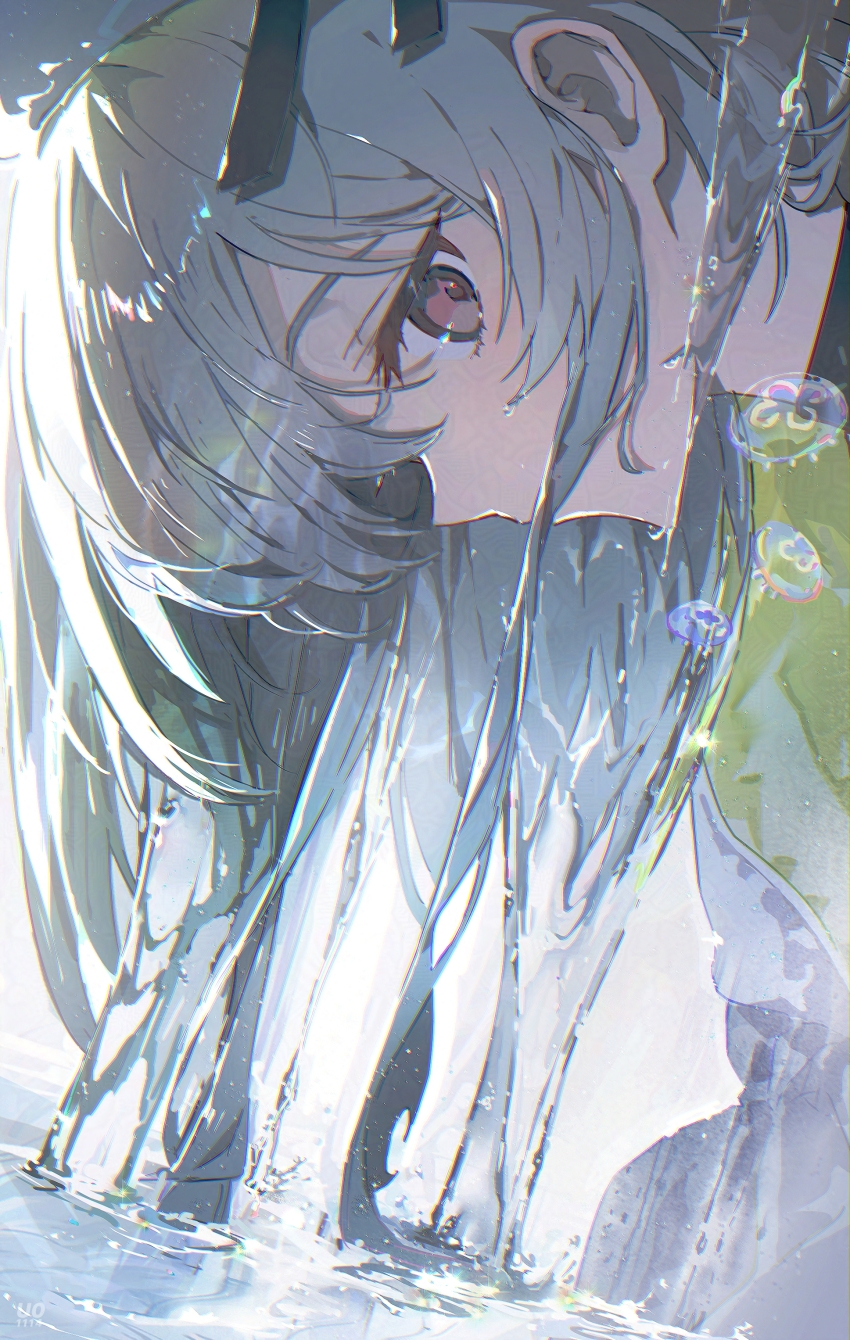 1boy absurdres androgynous arknights beret caustics cloak close-up dutch_angle grey_hair hair_ornament hair_ribbon hat highres hood hooded_cloak infection_monitor_(arknights) jellyfish limited_palette long_hair looking_at_viewer male_focus mizuki_(arknights) out_of_frame pale_color portrait profile ribbon ripples solo trap wading water water_drop white_cloak xing_(gloryxing)