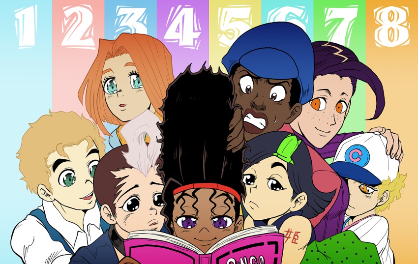 6+boys bad_id bad_pixiv_id battle_tendency boingo book child dark-skinned_male dark_skin diamond_wa_kudakenai emporio_alnino higashikata_tsurugi jojo_no_kimyou_na_bouken jojolion kawajiri_hayato male_focus marco_(sbr) multiple_boys phantom_blood poco_(jojo) shimotsuki_kitsune smokey_brown stardust_crusaders steel_ball_run stone_ocean tattoo thoth_(stand) time_paradox vento_aureo vinegar_doppio