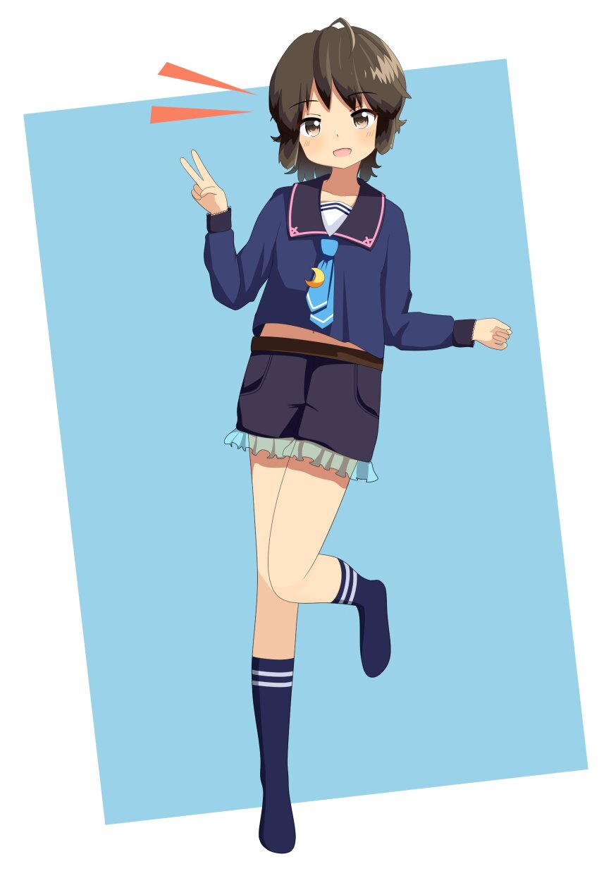 1girl absurdres ahoge black_hair black_sailor_collar black_shorts blue_background blue_necktie blue_shirt blue_socks brown_eyes cosplay crescent crescent_pin frilled_shorts frills highres kantai_collection minazuki_(kancolle) minazuki_(kancolle)_(cosplay) miyuki_(kancolle) necktie sailor_collar sailor_shirt school_uniform serafuku shirt short_hair shorts socks solo standing standing_on_one_leg subprocedure two-tone_background v
