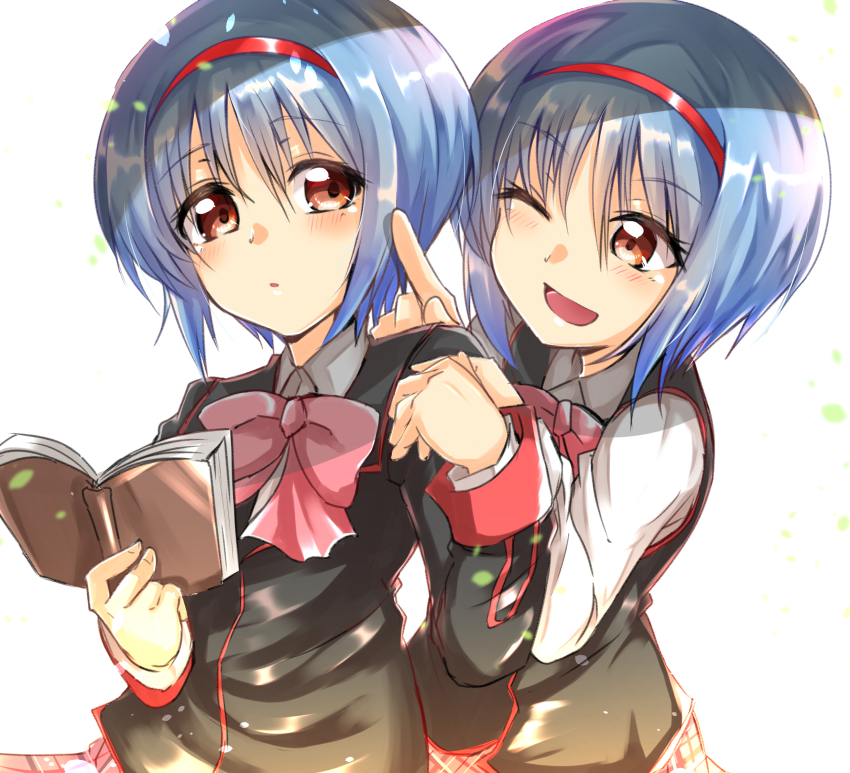 2girls :d black_jacket black_vest blue_hair blush book bow commentary_request expressionless eyelashes eyes_visible_through_hair hair_between_eyes hairband hand_up happy highres holding holding_book holding_hands index_finger_raised jacket key_(company) long_sleeves multiple_girls nishizono_midori nishizono_mio one_eye_closed open_book open_mouth orange_eyes parted_lips pink_bow poking red_hairband school_uniform shinonome_mozuku short_hair simple_background smile underlighting upper_body vest white_background