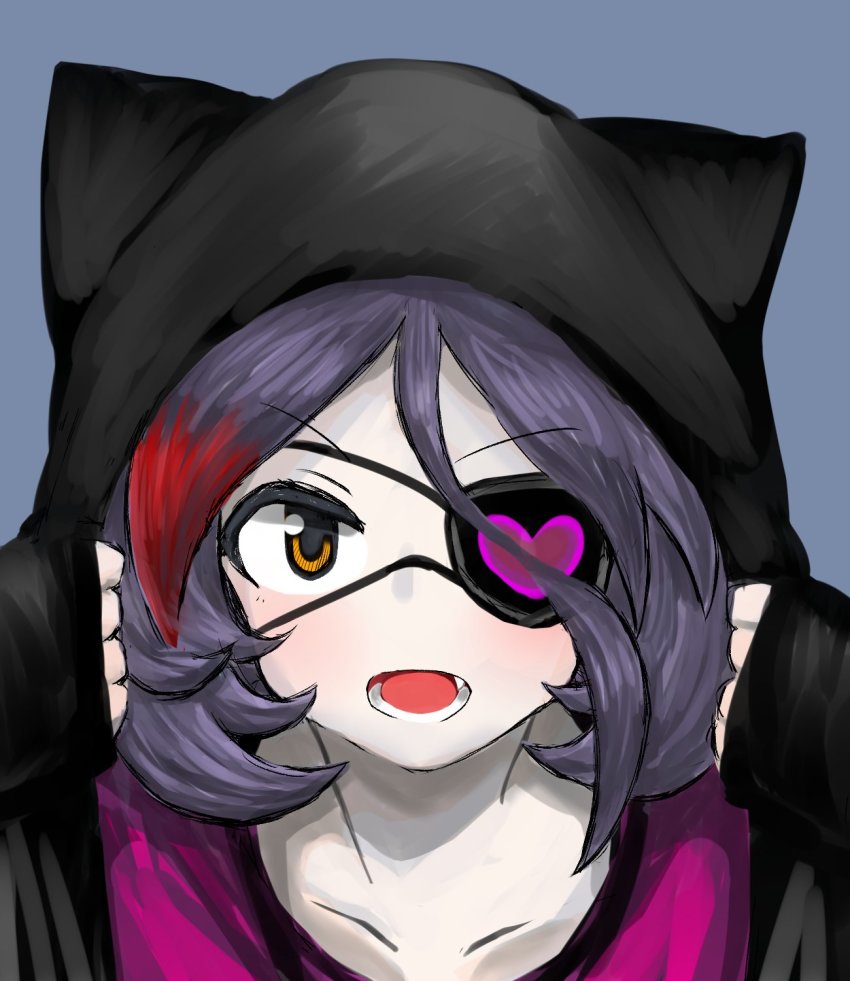1girl :o black_hoodie bob_cut collarbone eyepatch fang hair_between_eyes hayasaka_mirei highres holding_hoodie hood hoodie horned_hood horns idolmaster idolmaster_cinderella_girls looking_at_viewer multicolored_hair portrait purple_hair red_hair simple_background solo streaked_hair wasabijoyu76