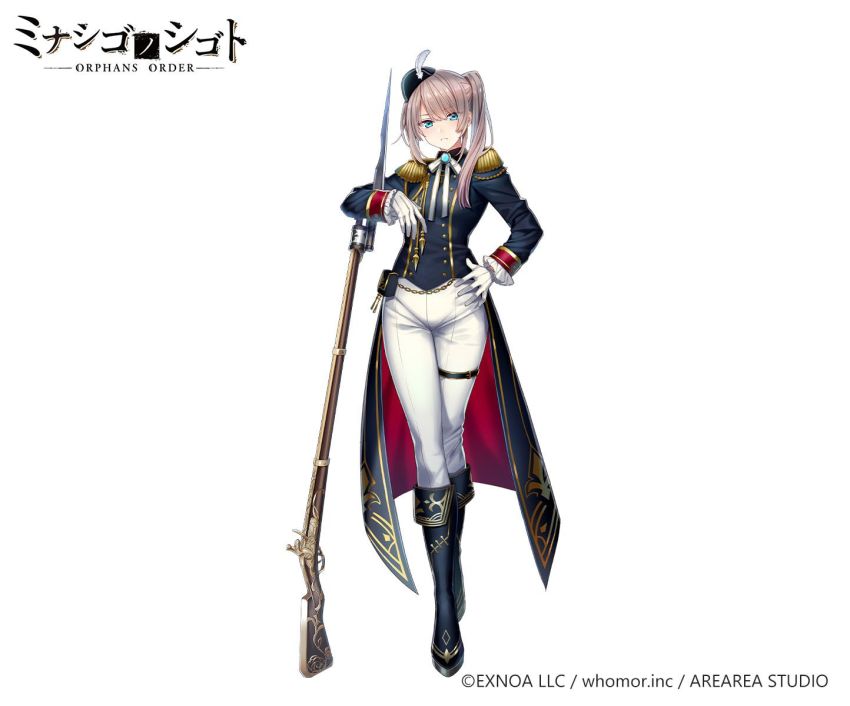 1girl bayonet black_boots black_hat black_jacket blue_eyes boots brown_hair copyright_notice copyright_request epaulettes feathers frilled_sleeves frills gloves gun hair_between_eyes hand_on_own_hip hat hat_feather highres jacket knee_boots long_hair long_sleeves mini_hat musket official_art pants parted_lips ryuuki_(hydrangea) side_ponytail simple_background solo standing tilted_headwear watermark weapon white_background white_feathers white_gloves white_pants