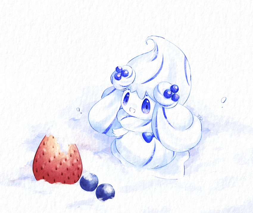 1girl :d alcremie alcremie_(berry_sweet) alcremie_(salted_cream) blue_bow blue_eyes blueberry blueberry_hair_ornament bow dress food food-themed_creature food-themed_hair_ornament fruit full_body gen_8_pokemon hair_ornament highres looking_at_object nintendo nnmin_773 open_mouth pokemon pokemon_(creature) simple_background smile snow solo standing strawberry white_background white_dress white_hair
