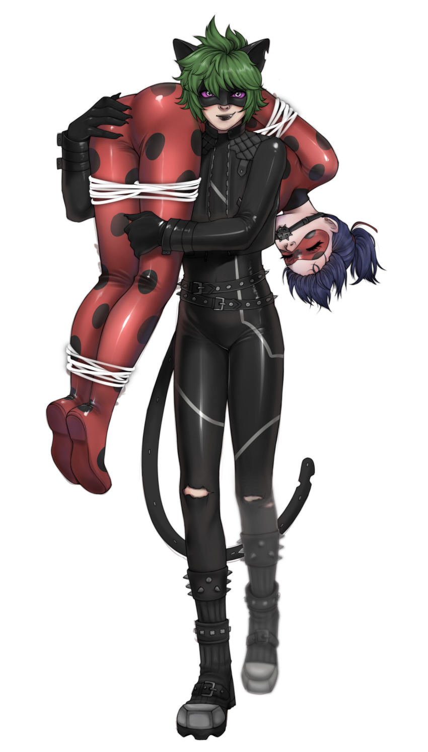 1boy 1girl absurdres adrien_agreste animal_ears bad_tag bdsm black_lips blue_hair bodysuit bondage bound cat_ears claw_noir defeat earrings gag gagged green_hair hand_on_another&#039;s_butt highres jewelry keiori_(keiorix) kidnapping ladybug_(character) marinette_dupain-cheng mask miraculous_ladybug purple_eyes short_hair simple_background twintails