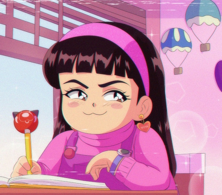 1990s_(style) 1girl :3 abby_(turning_red) animification black_hair blue_overalls brenni_murasaki brown_eyes closed_mouth commentary holding holding_pencil jewelry long_hair looking_at_viewer multicolored_hair overalls pencil pink_skirt retro_artstyle shirt sideways_glance skirt smile streaked_hair turning_red