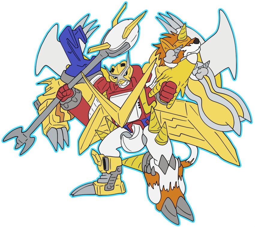 digimon digimon_(creature) drill energy_gun fusion highres microphone ray_gun shoutmon_x7 tail weapon