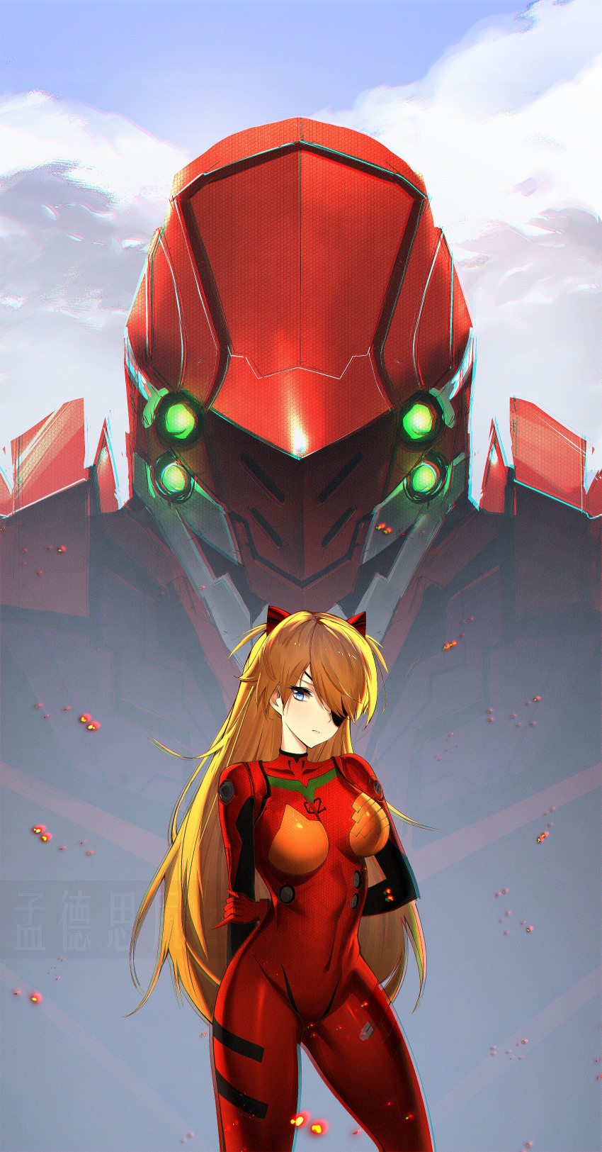 1girl absurdres arms_behind_back blue_eyes bodysuit bow breasts chinese_text covered_navel curvy eva_02 expressionless eyepatch glowing glowing_eyes hair_bow hair_ornament highres izaac large_breasts light_brown_hair long_hair looking_at_viewer mecha mecha_pilot_suit medium_breasts neon_genesis_evangelion parted_bangs plugsuit_(evangelion) red_bodysuit robot skin_tight solo souryuu_asuka_langley sparks thighs very_long_hair